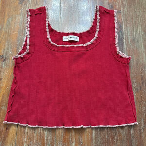 Natural Life Red & White Ruffle Trim Cropped Tank Top Large Textured